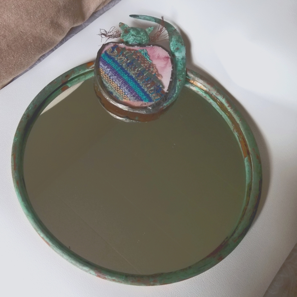Boho Artisan Hand crafted Cat Mirror Signed, copper, woven textile One of a Kind